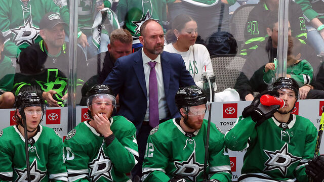 DALLAS, TEXAS - MAY 25: Dallas Stars head coach Peter DeBoer watches the game during overtime against the Vegas Golden Knights in Game Four of the Western Conference Final of the 2023 Stanley Cup Playoffs at American Airlines Center on May 25, 2023 in Dallas, Texas.