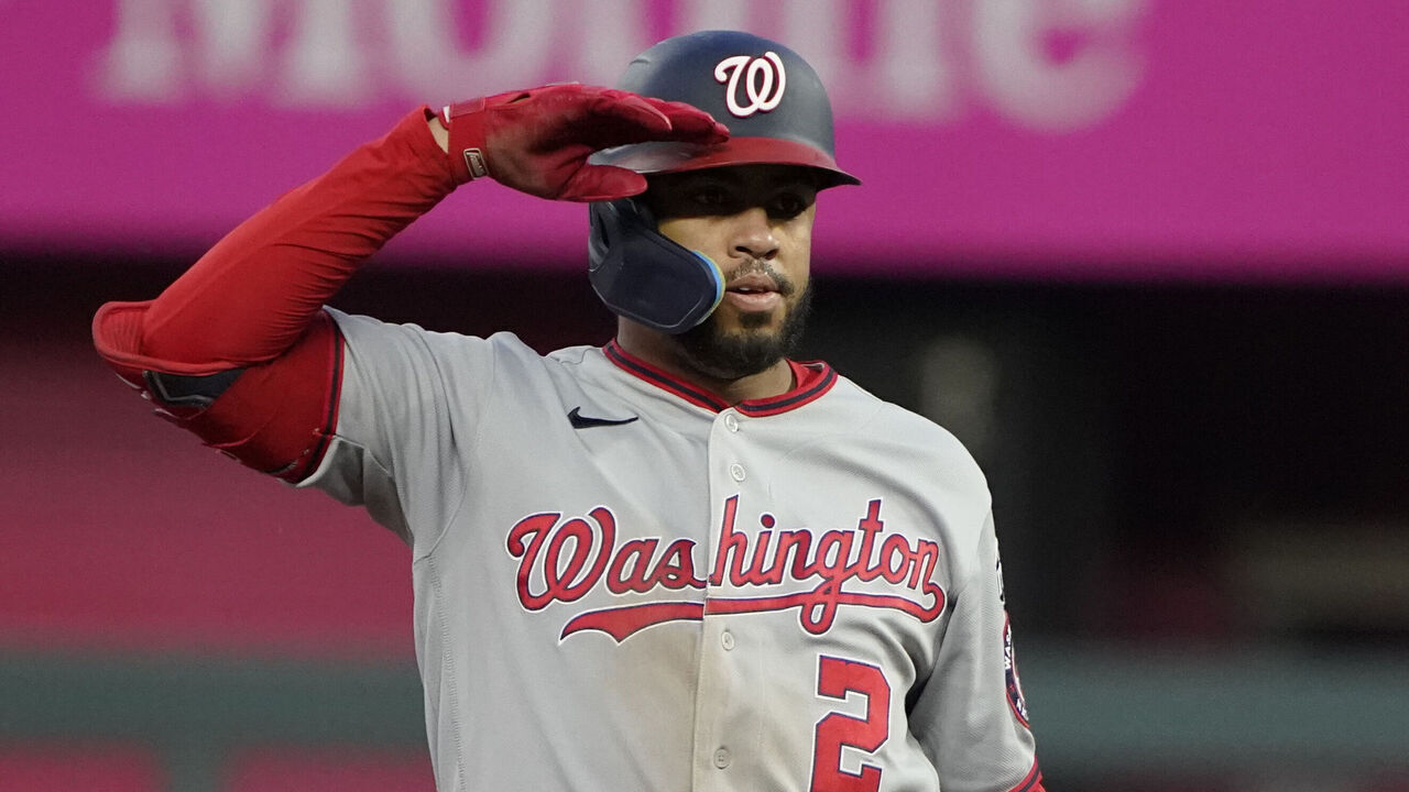 KANSAS CITY, MISSOURI - MAY 26: Luis Garcia #2 of the Washington Nationals celebrates a double in the sixth inning against the Kansas City Royals at Kauffman Stadium on May 26, 2023 in Kansas City, Missouri.
