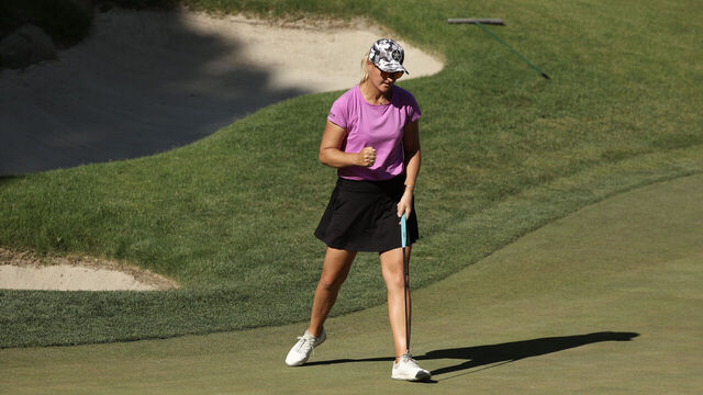 LAS VEGAS, NEVADA - MAY 26: Anna Nordqvist of Sweden reacts to a birdie putt on the 17th green on day three of the Bank of Hope LPGA Match-Play presented by MGM Rewards at Shadow Creek Golf Course on May 26, 2023 in Las Vegas, Nevada.