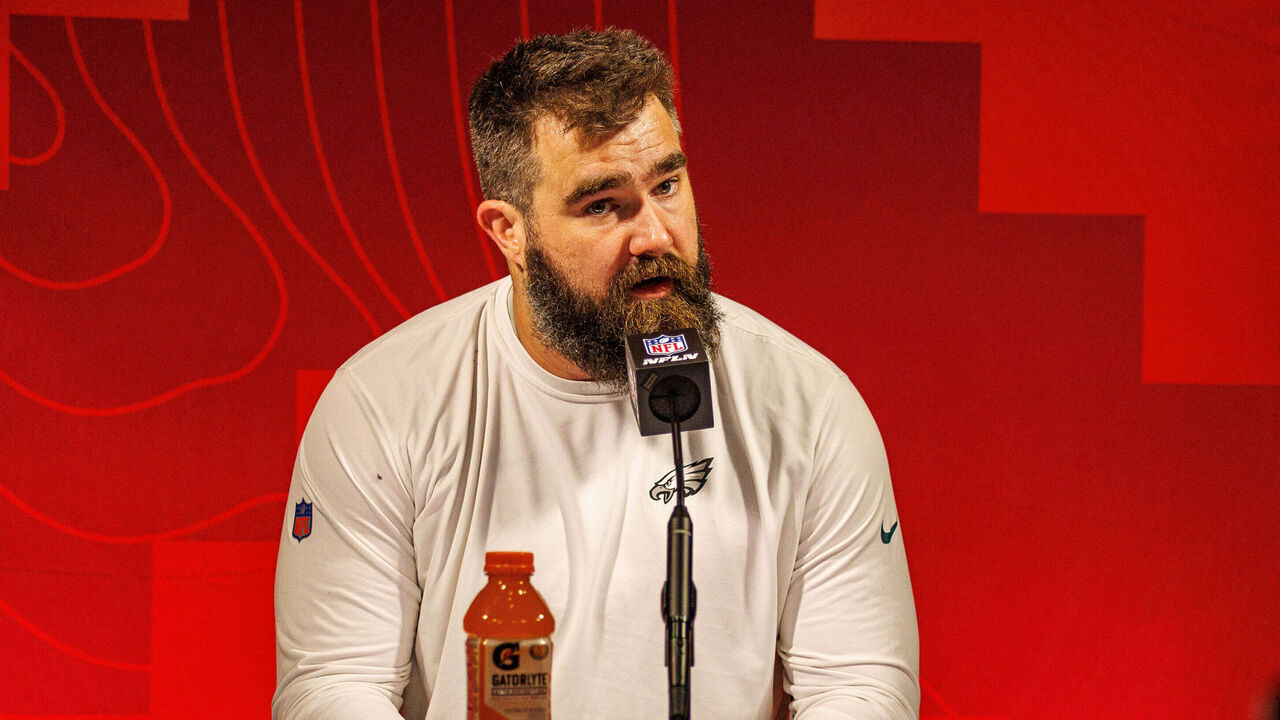 GLENDALE, AZ - FEBRUARY 12: Philadelphia Eagles center Jason Kelce (62) speaks in a post-game interview after Super Bowl LVII between the Philadelphia Eagles and the Kansas City Chiefs on Sunday, February 12th, 2023 at State Farm Stadium in Glendale, AZ.
