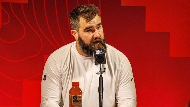 GLENDALE, AZ - FEBRUARY 12: Philadelphia Eagles center Jason Kelce (62) speaks in a post-game interview after Super Bowl LVII between the Philadelphia Eagles and the Kansas City Chiefs on Sunday, February 12th, 2023 at State Farm Stadium in Glendale, AZ.
