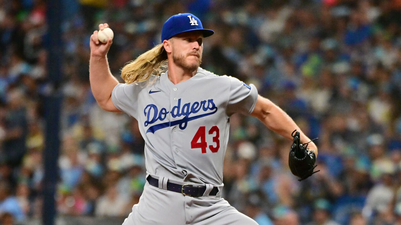 ST PETERSBURG, FLORIDA - MAY 26: Noah Syndergaard #43 of the Los Angeles Dodgers delivers a pitch to the Tampa Bay Rays in the second inning at Tropicana Field on May 26, 2023 in St Petersburg, Florida.