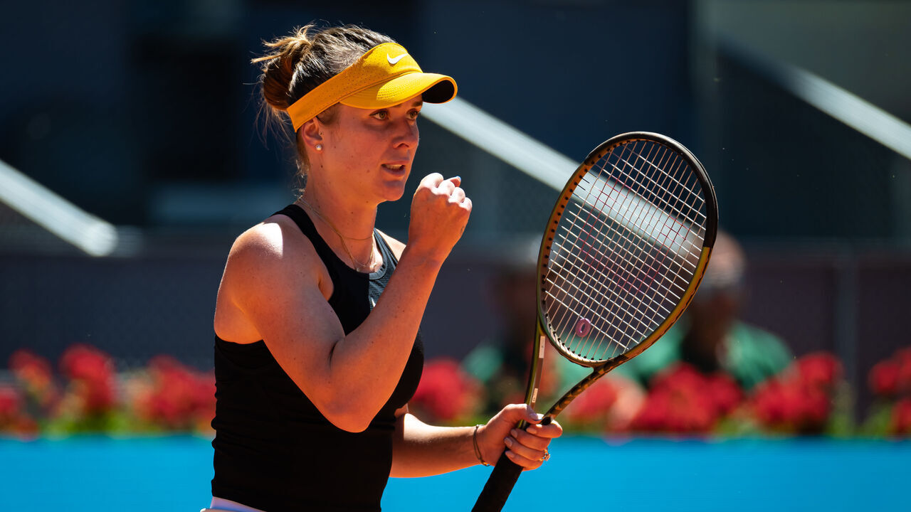 MADRID, SPAIN - APRIL 26: Elina Svitolina of Ukraine in action against Aliaksandra Sasnovich during the first round on Day Three of the Mutua Madrid Open at La Caja Magica on April 26, 2023 in Madrid, Spain