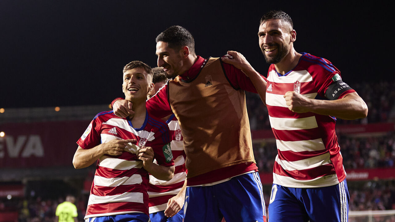 GRANADA, SPAIN - MAY 27: Bryan Zaragoza of Granada CF celebrates after scoring his team's second goal during the LaLiga Smartbank match between Granada CF and CD Leganes at Estadio Nuevo Los Carmenes on May 27, 2023 in Granada, Spain.