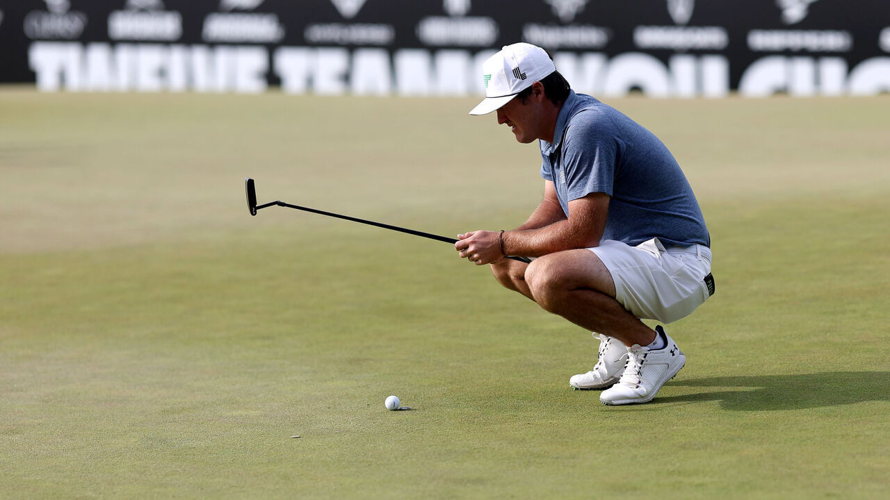STERLING, VIRGINIA - MAY 27: Mito Pereira of Torque GC lines up a putt on the 18th hole during day two of the LIV Golf Invitational - DC at Trump National Golf Club on May 27, 2023 in Sterling, Virginia.