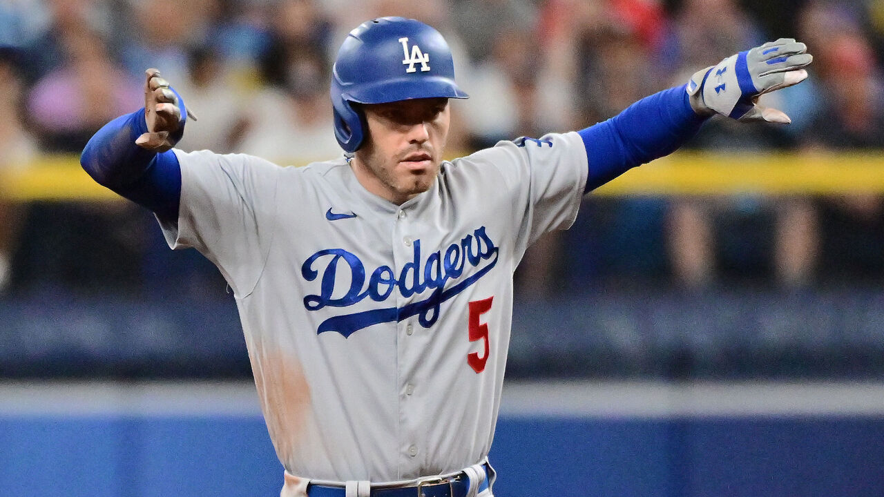 ST PETERSBURG, FLORIDA - MAY 27: Freddie Freeman #5 of the Los Angeles Dodgers reacts after hitting an RBI double in the seventh inning against the Tampa Bay Rays at Tropicana Field on May 27, 2023 in St Petersburg, Florida.