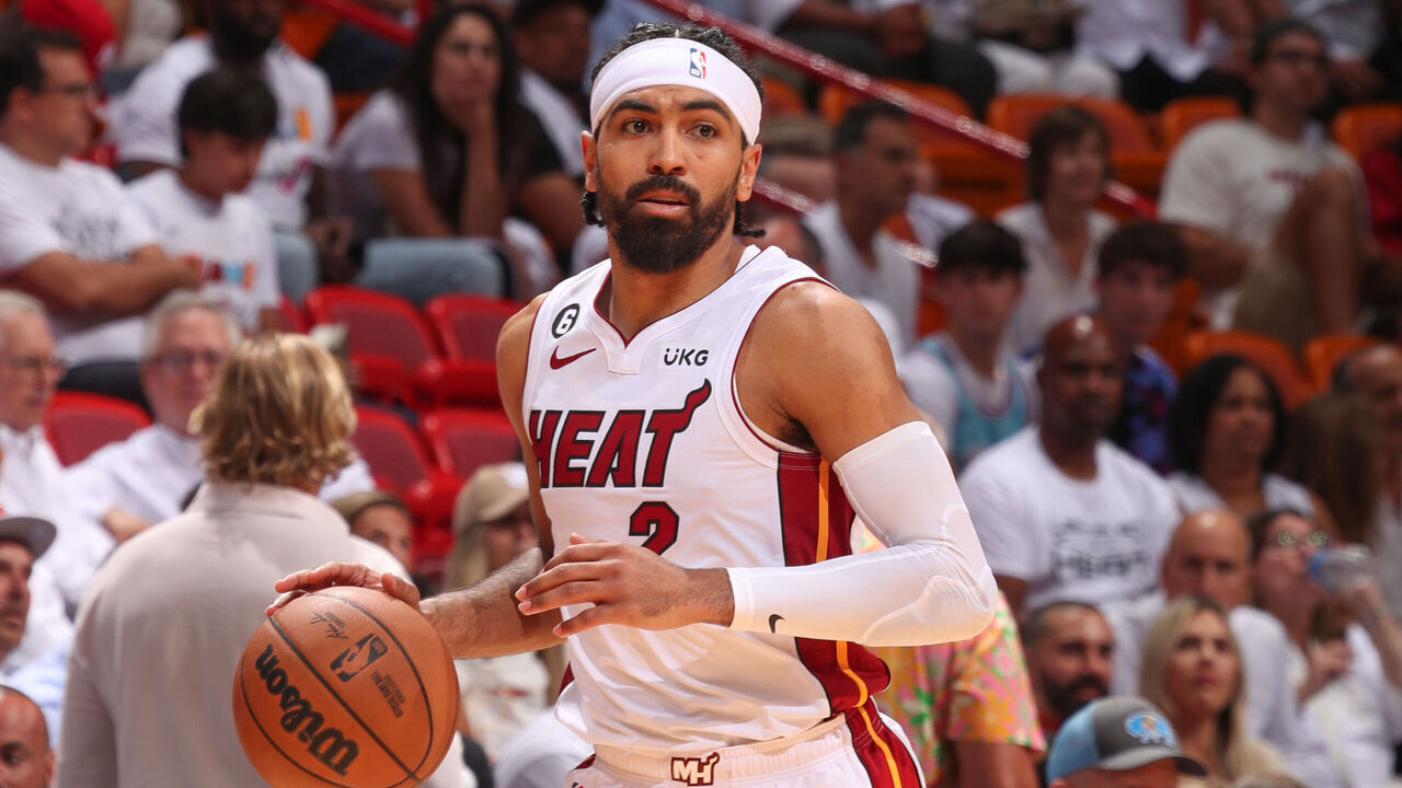 MIAMI, FL - MAY 19: Gabe Vincent #2 of the Miami Heat goes to the basket during the game during round 3 game 4 of the Eastern Conference Finals 2023 NBA Playoffs on May 19, 2023 at the Kaseya Center Arena in Miami, Florida. Mandatory Copyright Notice: Copyright 2023 NBAE
