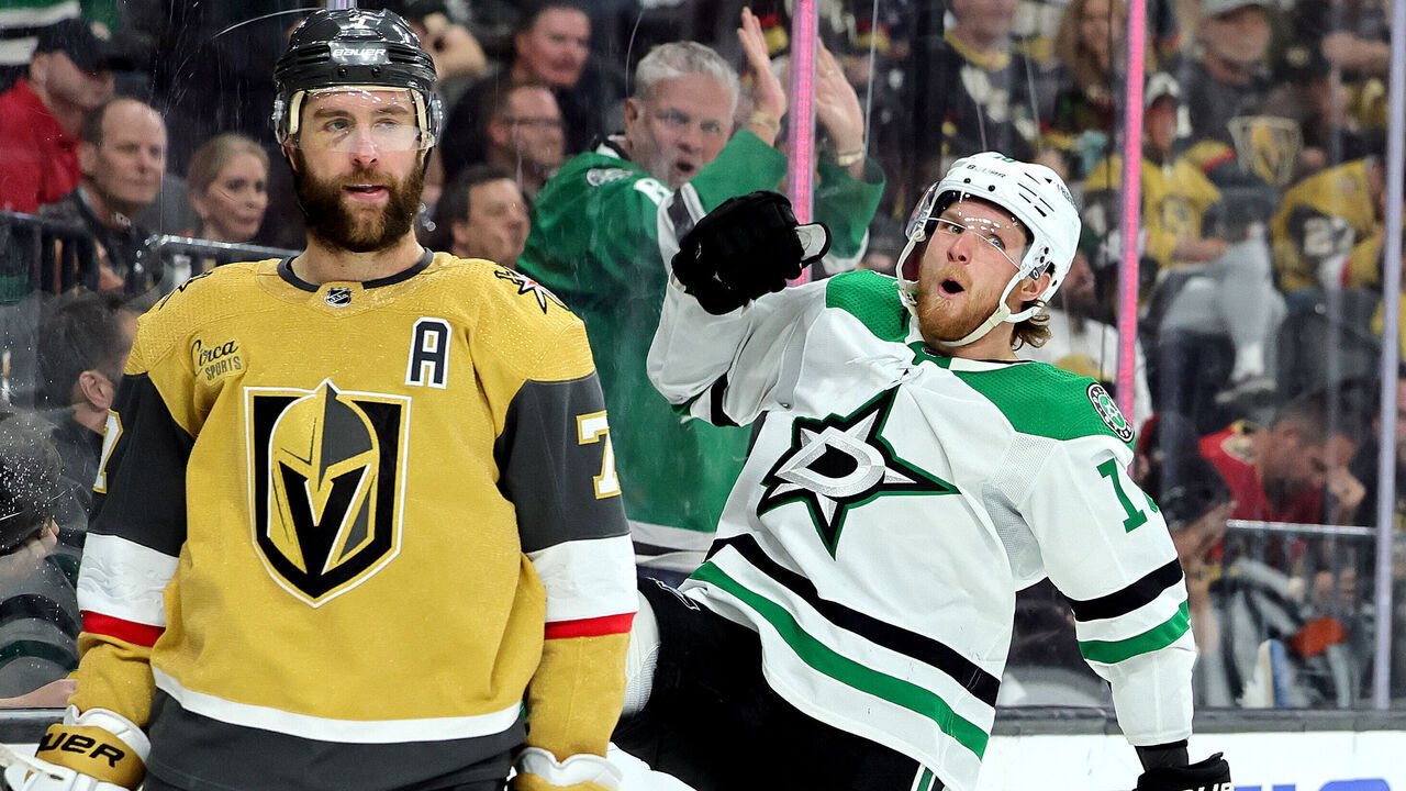 LAS VEGAS, NEVADA - MAY 27: Ty Dellandrea #10 of the Dallas Stars celebrates after scoring a goal against the Vegas Golden Knights as Alex Pietrangelo #7 reacts during the third period in Game Five of the Western Conference Final of the 2023 Stanley Cup Playoffs at T-Mobile Arena on May 27, 2023 in Las Vegas, Nevada.