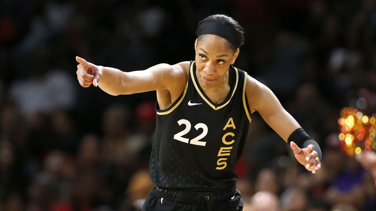 LAS VEGAS, NEVADA - MAY 27: A'ja Wilson #22 of the Las Vegas Aces reacts after making a basket during the second quarter of a game against the Los Angeles Sparks at Michelob ULTRA Arena on May 27, 2023 in Las Vegas, Nevada. The Aces defeated the Sparks 93-65.