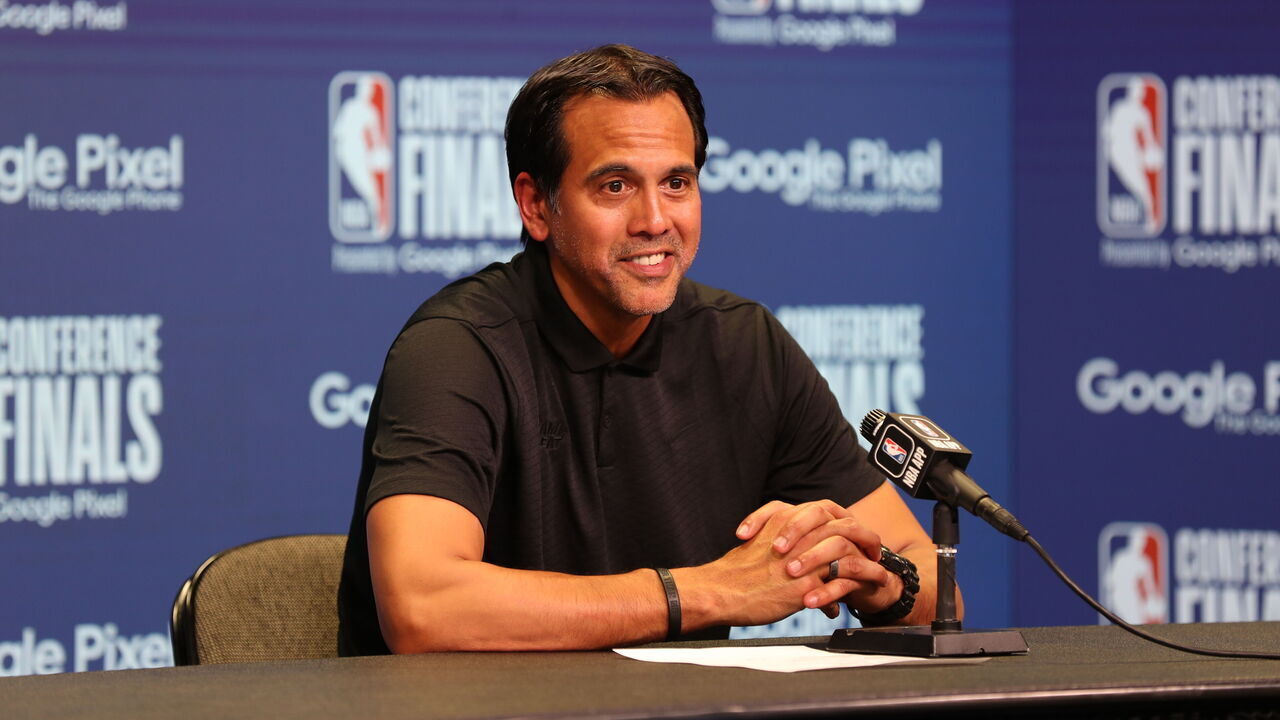 MIAMI, FL - MAY 27: Head Coach Erik Spoelstra of the Miami Heat speaks to the media after round 3 game 6 of the Eastern Conference finals 2023 NBA Playoffs against the Boston Celtics on May 27, 2023 at Kaseya Center in Miami, Florida. Mandatory Copyright Notice: Copyright 2023 NBAE