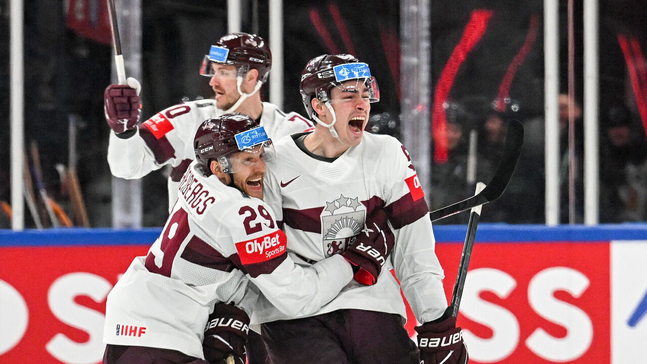 TAMPERE, FINLAND - MAY 28: Kristians Rubins of Latvia celebrate after scoring a goal during the 2023 IIHF Ice Hockey World Championship Finland - Latvia game between USA and Latvia at Nokia Arena on May 28, 2023 in Tampere, Finland.