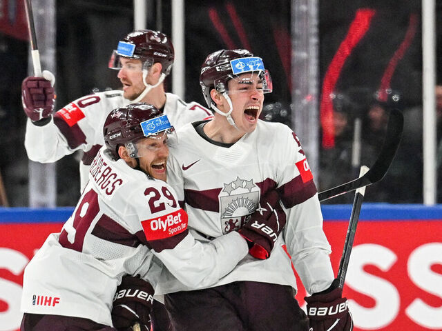 TAMPERE, FINLAND - MAY 28: Kristians Rubins of Latvia celebrate after scoring a goal during the 2023 IIHF Ice Hockey World Championship Finland - Latvia game between USA and Latvia at Nokia Arena on May 28, 2023 in Tampere, Finland.