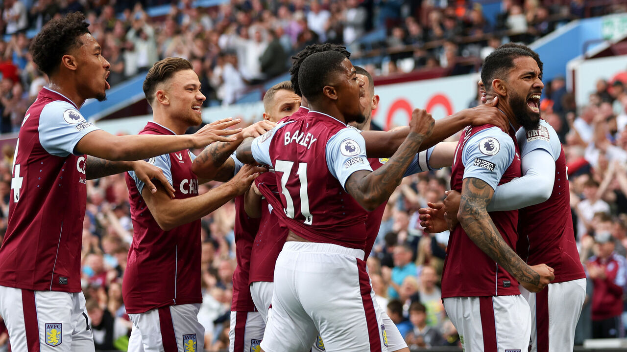 BIRMINGHAM, ENGLAND - MAY 28: Douglas Luiz of Aston Villa celebrates with teammates after scoring the team's first goal during the Premier League match between Aston Villa and Brighton & Hove Albion at Villa Park on May 28, 2023 in Birmingham, England.