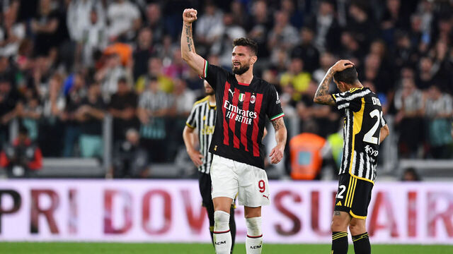 TURIN, ITALY - MAY 28: Olivier Giroud of AC Milan celebrates after scoring the team's first goal during the Serie A match between Juventus and AC MIlan at Allianz Stadium on May 28, 2023 in Turin, Italy.