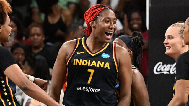 ATLANTA, GA - MAY 28: Indiana Fever celebrates the win against the Atlanta Dream on May 28, 2023 at Gateway Center Arena at College Park in Atlanta, Georgia. Mandatory Copyright Notice: Copyright 2023 NBAE