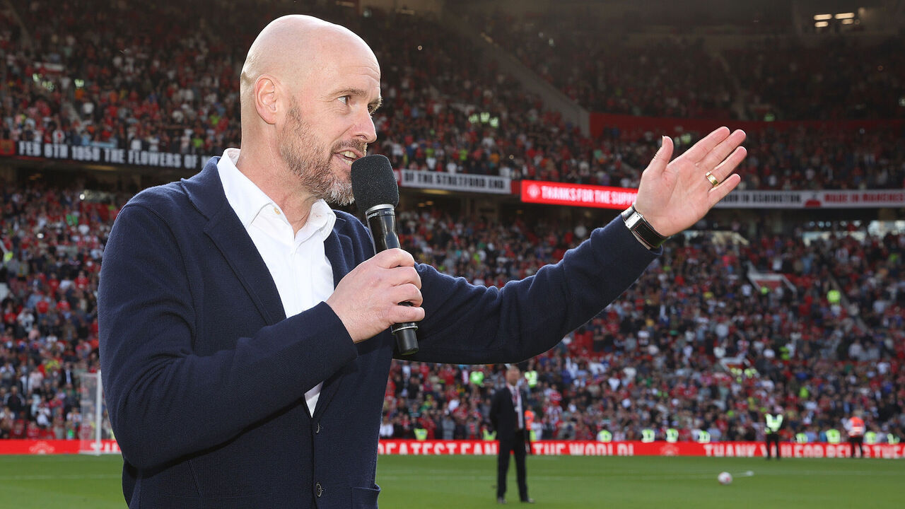 MANCHESTER, ENGLAND - MAY 28: Manager Erik ten Hag of Manchester United speaks to the crowd after the Premier League match between Manchester United and Fulham FC at Old Trafford on May 28, 2023 in Manchester, England.