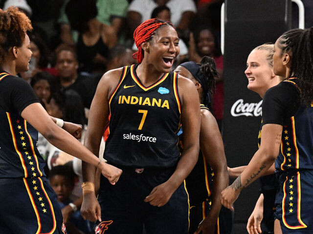 ATLANTA, GA - MAY 28: Indiana Fever celebrates the win against the Atlanta Dream on May 28, 2023 at Gateway Center Arena at College Park in Atlanta, Georgia. Mandatory Copyright Notice: Copyright 2023 NBAE