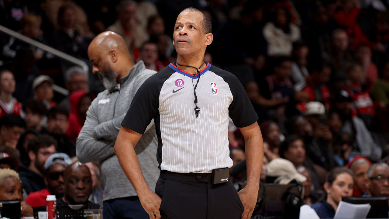 WASHINGTON, DC - APRIL 9: Referee Eric Lewis #42 looks on during the game between the Houston Rockets and the Washington Wizards on April 9, 2023 at Capital One Arena in Washington, DC. Mandatory Copyright Notice: Copyright 2023 NBAE