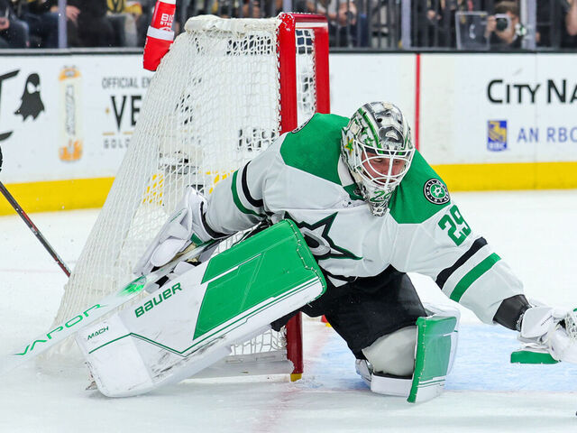 LAS VEGAS, NEVADA - MAY 27: Jake Oettinger #29 of the Dallas Stars covers the puck as he defends the net against the Vegas Golden Knights in the second period of Game Five of the Western Conference Final of the 2023 Stanley Cup Playoffs at T-Mobile Arena on May 27, 2023 in Las Vegas, Nevada. The Stars defeated the Golden Knights 4-2.