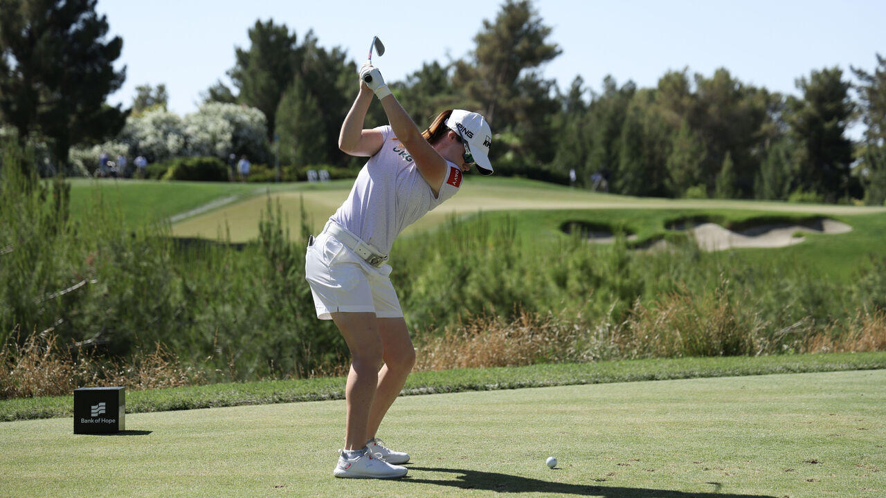 LAS VEGAS, NEVADA - MAY 28: Leona Maguire of Ireland hits a tee shot on the fifth hole on day five of the Bank of Hope LPGA Match-Play presented by MGM Rewards at Shadow Creek Golf Course on May 28, 2023 in Las Vegas, Nevada.