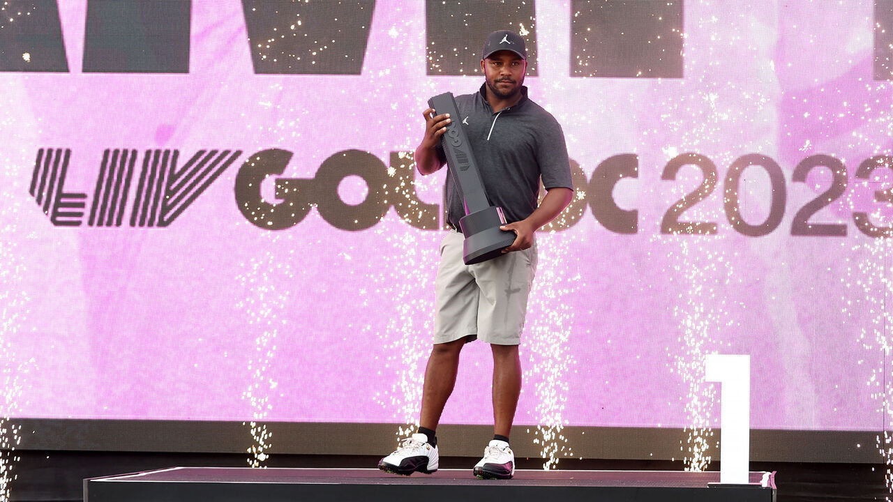 STERLING, VIRGINIA - MAY 28: Harold Varner III of RangeGoats GC celebrates after winning the LIV Golf Invitational - DC at Trump National Golf Club on May 28, 2023 in Sterling, Virginia.
