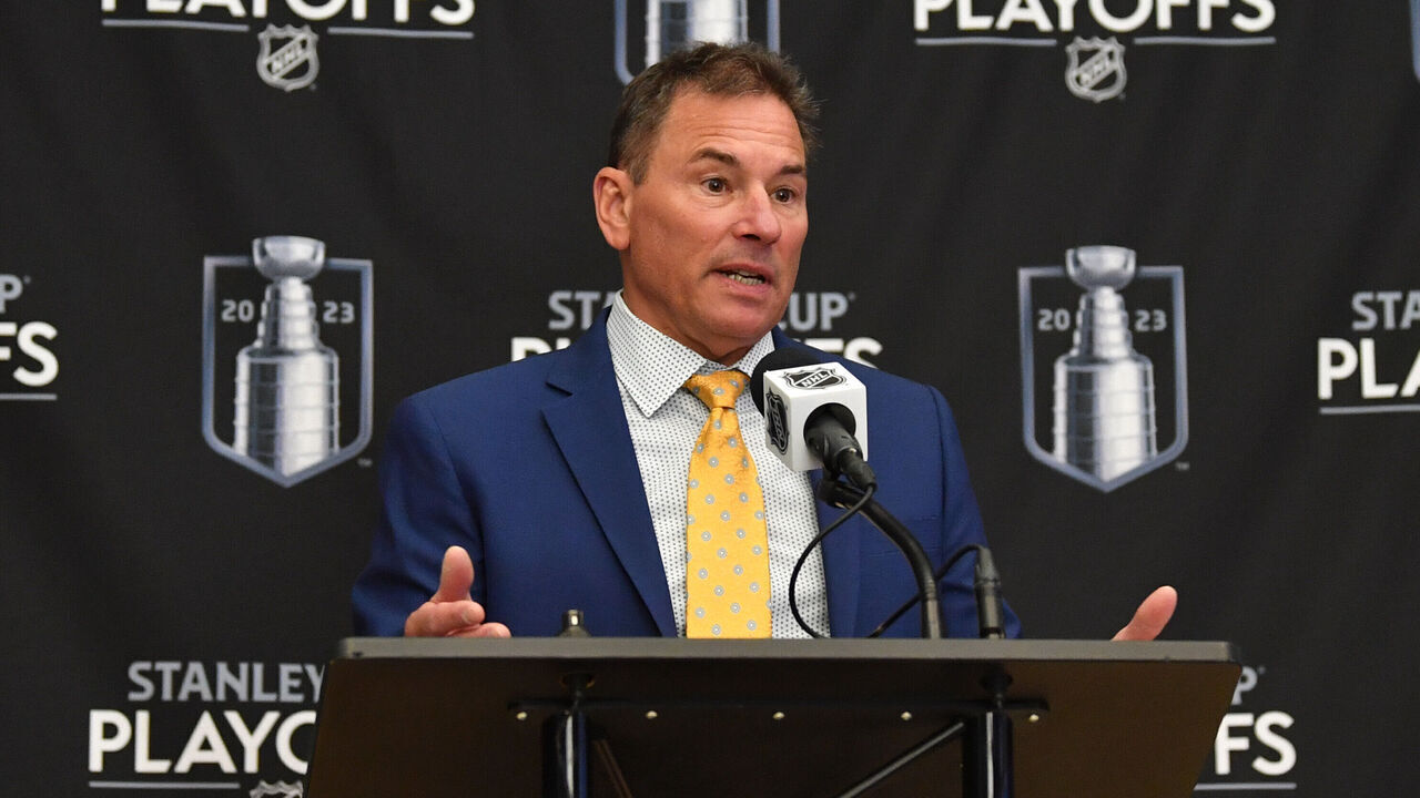 EDMONTON, CANADA - MAY 14 Bruce Cassidy of the Vegas Golden Knights addresses the media after his team's victory over the Edmonton Oilers in Game Six of the Second Round of the 2023 Stanley Cup Playoffs at Rogers Place on May 14, 2023, in Edmonton, Alberta, Canada.