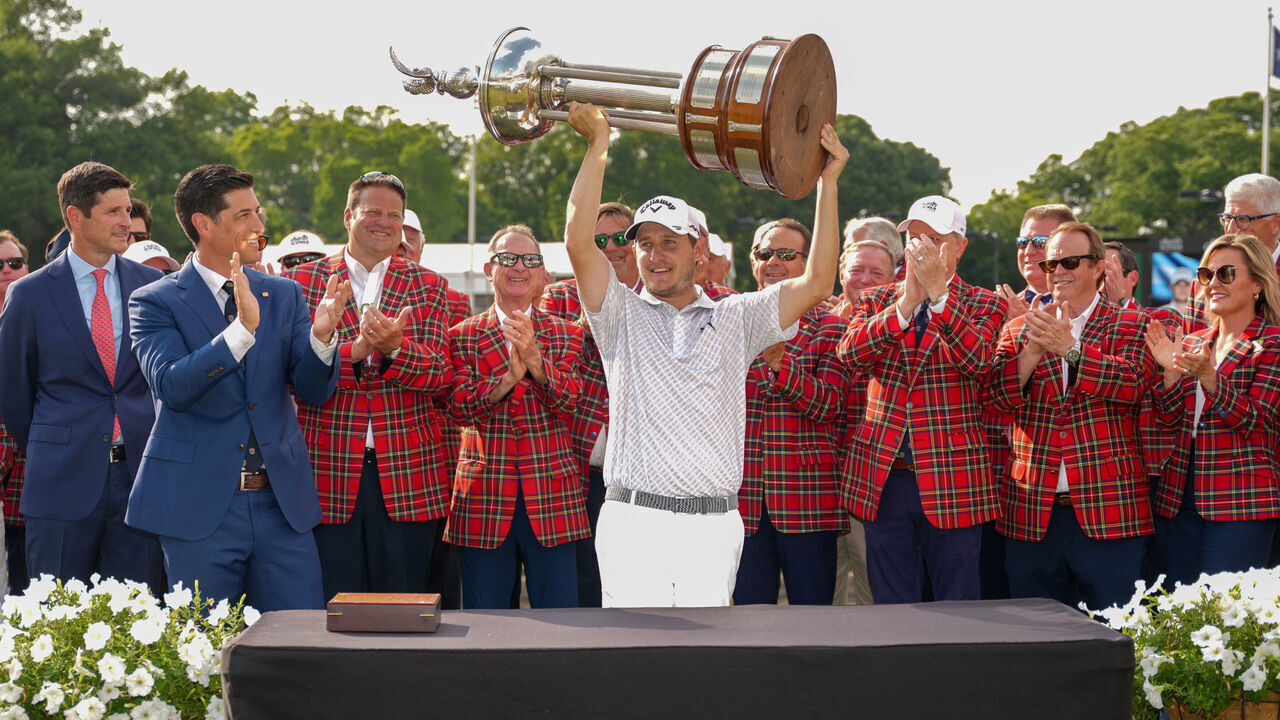FT. WORTH, TX - MAY 28: Emiliano Grillo of Argentina receives his trophy on the free of hole #18 during the Final Round of the Charles Schwab Challenge at Colonial Country Club on May 28, 2023 in Ft. Worth, Texas. .