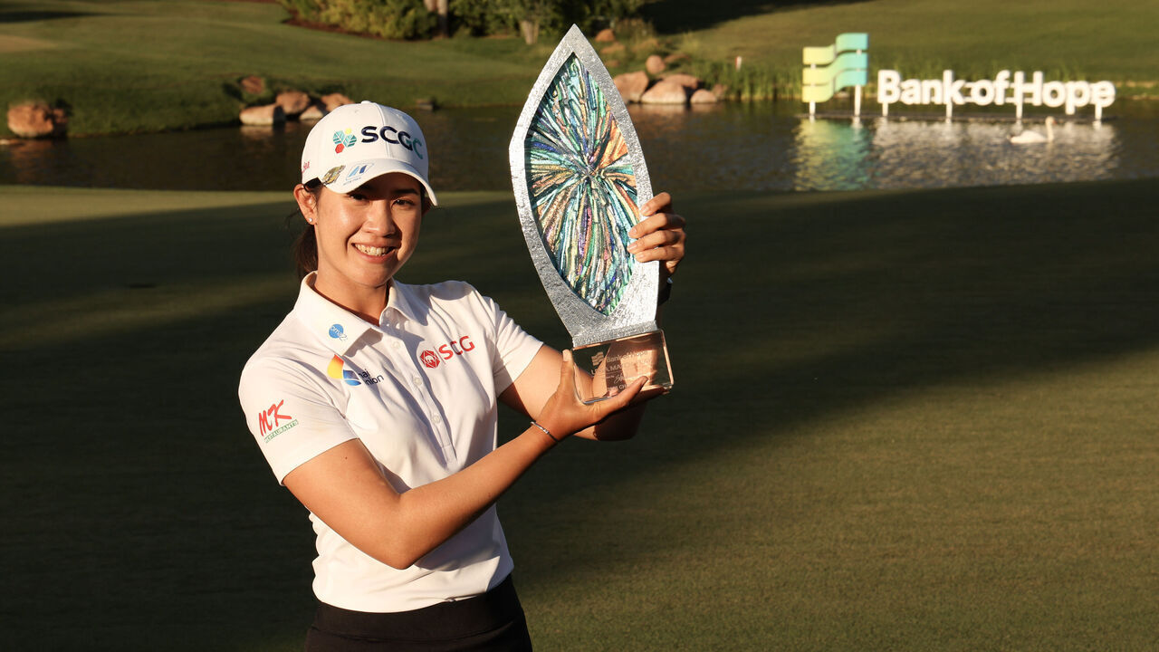 LAS VEGAS, NEVADA - MAY 28: Pajaree Anannarukarn of Thailand poses for a photo with the winner's trophy after winning on day five of the Bank of Hope LPGA Match-Play presented by MGM Rewards at Shadow Creek Golf Course on May 28, 2023 in Las Vegas, Nevada.
