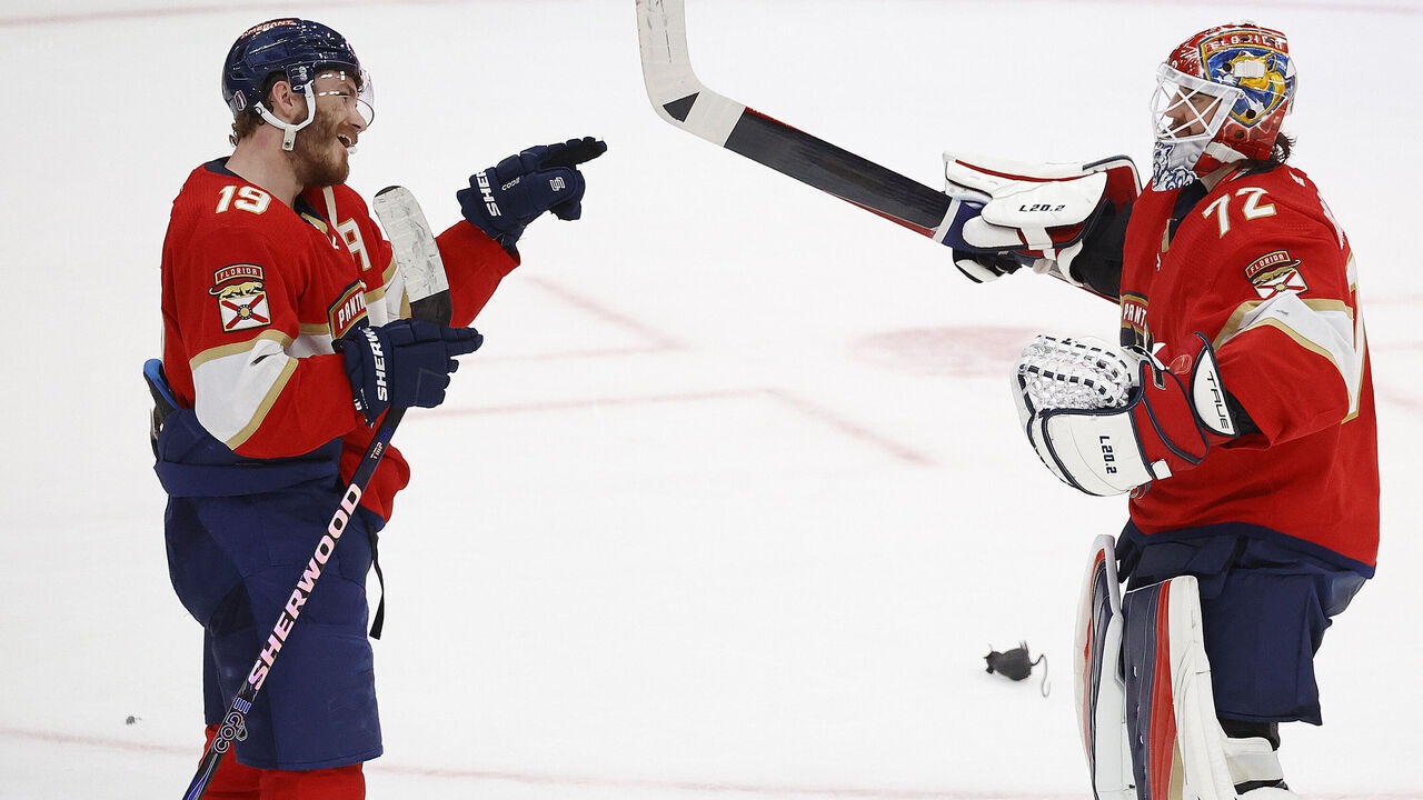 SUNRISE, FLORIDA - MAY 22: Goaltender Sergei Bobrovsky #72 of the Florida Panthers celebrates with teammate Matthew Tkachuk #19 their 1-0 win against the Carolina Hurricanes in Game Three of the Eastern Conference Final of the 2023 Stanley Cup Playoffs at the FLA Live Arena on May 22, 2023 in Sunrise, Florida.