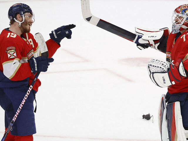 SUNRISE, FLORIDA - MAY 22: Goaltender Sergei Bobrovsky #72 of the Florida Panthers celebrates with teammate Matthew Tkachuk #19 their 1-0 win against the Carolina Hurricanes in Game Three of the Eastern Conference Final of the 2023 Stanley Cup Playoffs at the FLA Live Arena on May 22, 2023 in Sunrise, Florida.