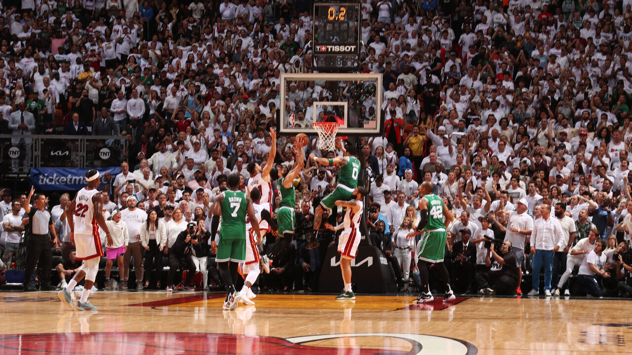 MIAMI, FL - MAY 27: Derrick White #9 of the Boston Celtics shoots the game winner during round 3 game 6 of the Eastern Conference finals 2023 NBA Playoffs against the Miami Heat on May 27, 2023 at Kaseya Center in Miami, Florida. Mandatory Copyright Notice: Copyright 2023 NBAE