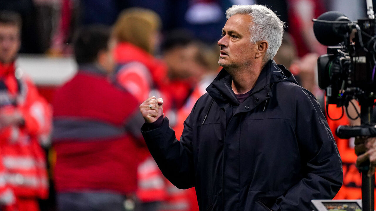 LEVERKUSEN, GERMANY - MAY 18: Coach Jose Mourinho of AS Roma after match end during the Semi-Final Second Leg - UEFA Europa League match between Bayer 04 Leverkusen and AS Roma at BayArena on May 18, 2023 in Leverkusen, Germany