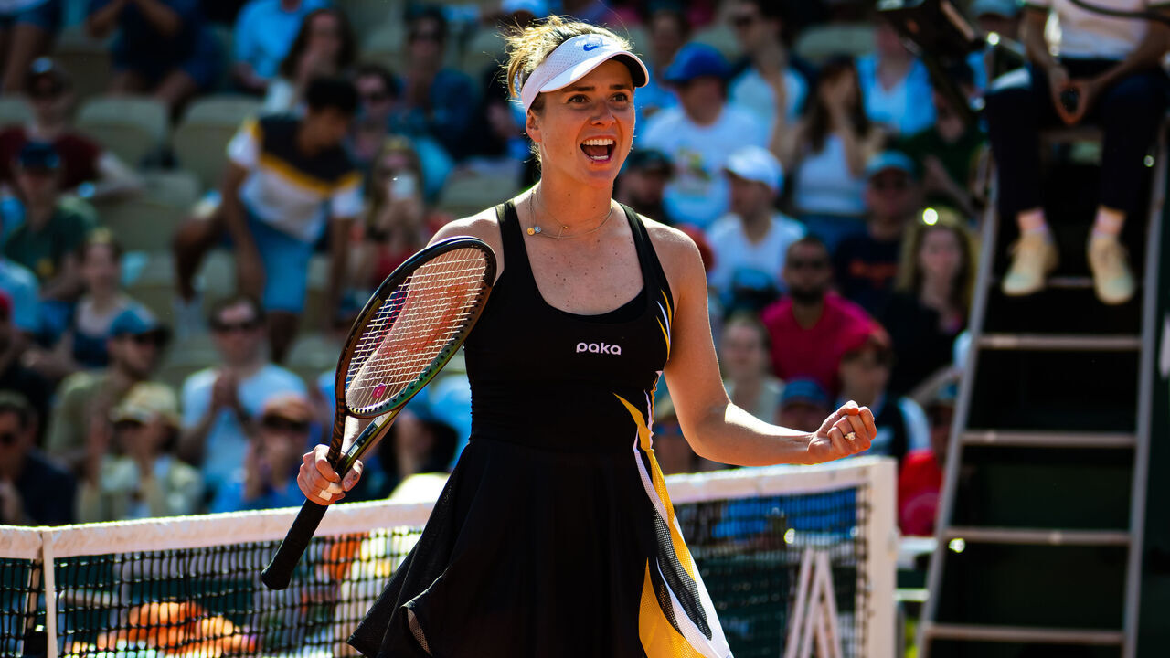 PARIS, FRANCE - MAY 29: Elina Svitolina of Ukraine in action against Martina Trevisan of Italy in her first round match on Day Two of Roland Garros on May 29, 2023 in Paris, France