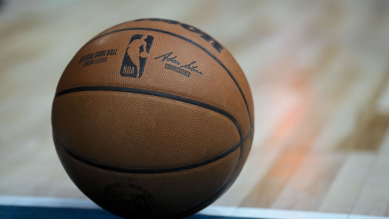 DETROIT, MICHIGAN - APRIL 04: A Wilson brand official NBA game ball basketball is pictured during the game between the Detroit Pistons and Miami Heat at Little Caesars Arena on April 04, 2023 in Detroit, Michigan.