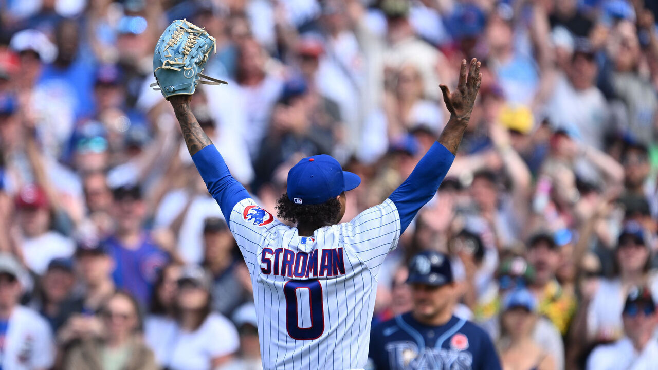 CHICAGO, IL - MAY 29: Marcus Stroman #0 of the Chicago Cubs celebrates after pitching a complete game shutout of the Tampa Bay Rays at Wrigley Field on May 29, 2023 in Chicago, Illinois. Chicago shut out Tampa Bay 1-0.