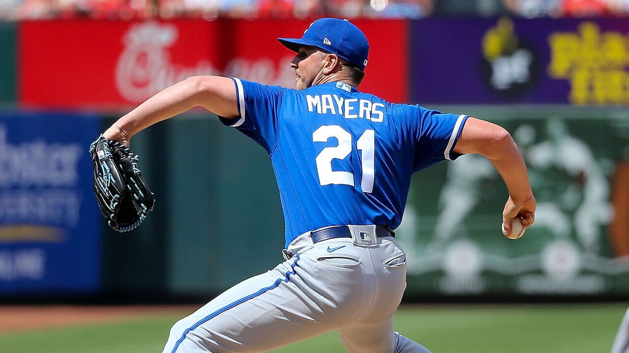 ST. LOUIS, MO - MAY 29: Mike Mayers #21 of the Kansas City Royals pitches during the sixth inning against the St. Louis Cardinals at Busch Stadium on May 29, 2023 in St. Louis, Missouri.