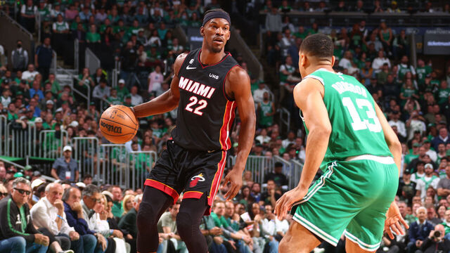 BOSTON, MA - MAY 29: Jimmy Butler #22 of the Miami Heat dribbles the ball during Game Six of the Eastern Conference Finals against the Boston Celtics on May 29, 2023 at the TD Garden in Boston, Massachusetts. Mandatory Copyright Notice: Copyright 2023 NBAE