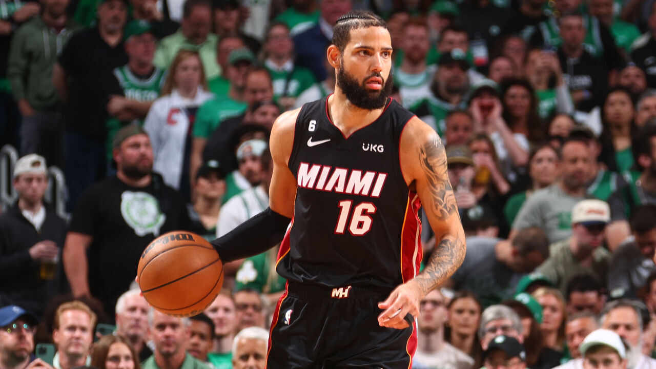 BOSTON, MA - MAY 29: Caleb Martin #16 of the Miami Heat dribbles the ball during Game Six of the Eastern Conference Finals against the Boston Celtics on May 29, 2023 at the TD Garden in Boston, Massachusetts. Mandatory Copyright Notice: Copyright 2023 NBAE