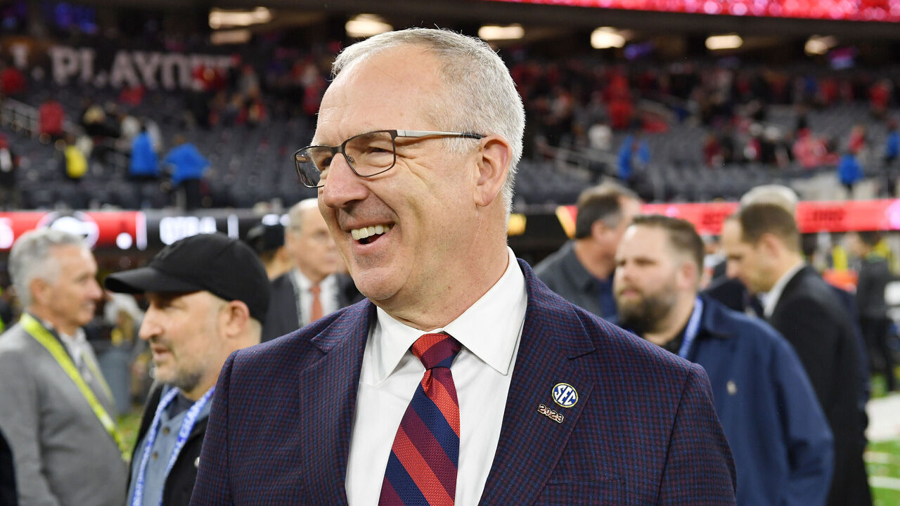 INGLEWOOD, CA - JANUARY 09: SEC Commissioner Greg Sankey looks on after the College Football Playoff National Championship game between the TCU Horned Frogs and the Georgia Bulldogs on January 09, 2023, at SoFi Stadium in Inglewood, CA.