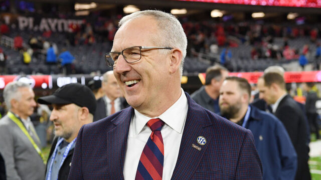 INGLEWOOD, CA - JANUARY 09: SEC Commissioner Greg Sankey looks on after the College Football Playoff National Championship game between the TCU Horned Frogs and the Georgia Bulldogs on January 09, 2023, at SoFi Stadium in Inglewood, CA.