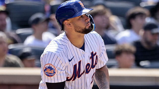 NEW YORK, NEW YORK - MAY 21: Gary Sanchez #33 of the New York Mets watches his RBI sacrifice fly during the bottom of the sixth inning in game one of a doubleheader against the Cleveland Guardians at Citi Field on May 21, 2023 in New York City. The Mets defeated the Guardians 5-4.