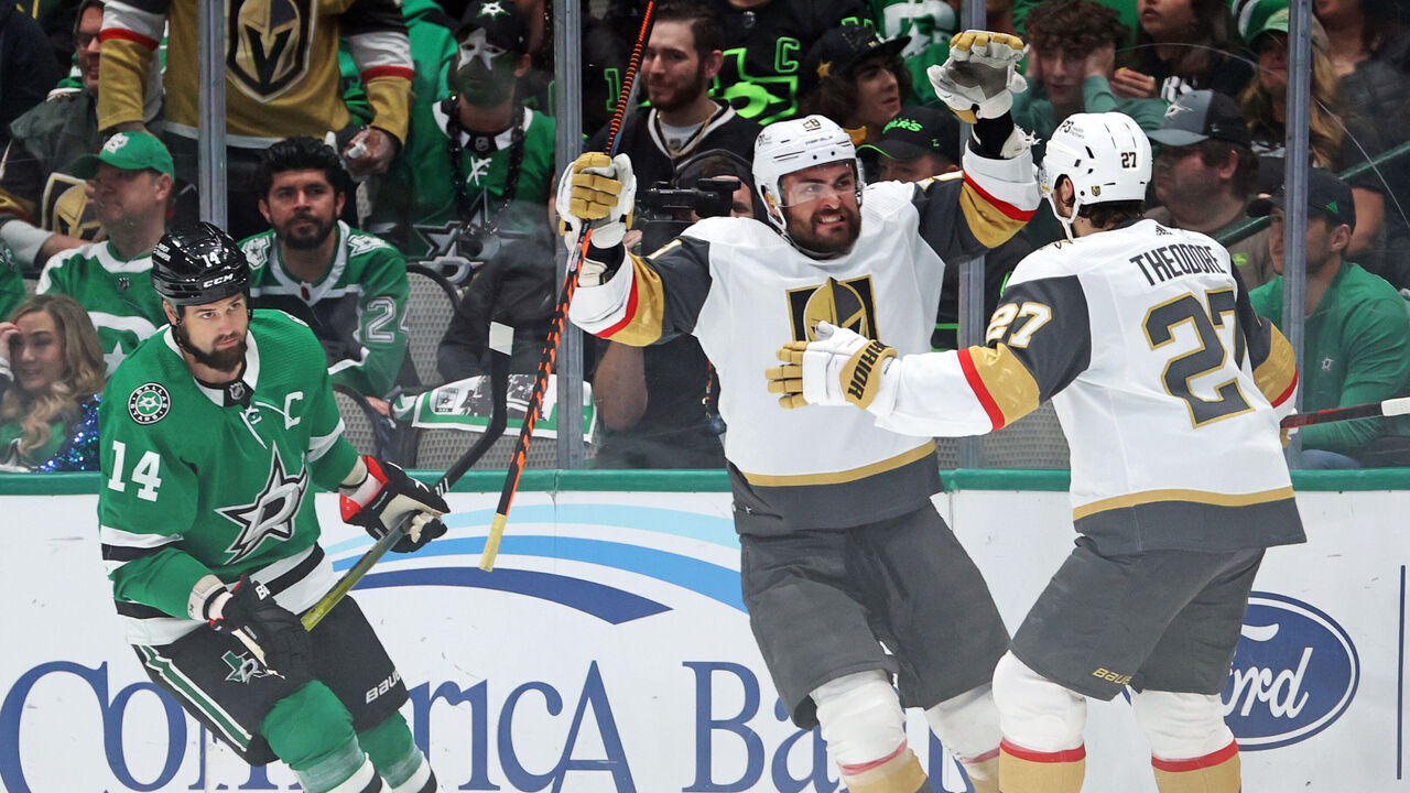DALLAS, TEXAS - MAY 29: William Carrier #28 of the Vegas Golden Knights celebrates with Shea Theodore #27 of the Vegas Golden Knights after scoring a goal during the first period against the Dallas Stars in Game Six of the Western Conference Final of the 2023 Stanley Cup Playoffs at American Airlines Center on May 29, 2023 in Dallas, Texas.