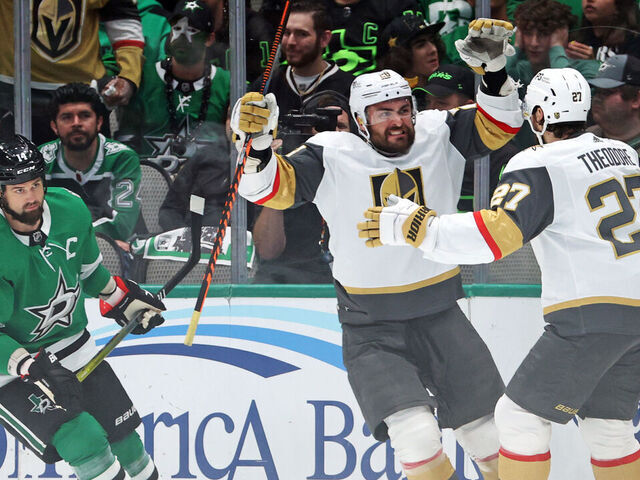 DALLAS, TEXAS - MAY 29: William Carrier #28 of the Vegas Golden Knights celebrates with Shea Theodore #27 of the Vegas Golden Knights after scoring a goal during the first period against the Dallas Stars in Game Six of the Western Conference Final of the 2023 Stanley Cup Playoffs at American Airlines Center on May 29, 2023 in Dallas, Texas.