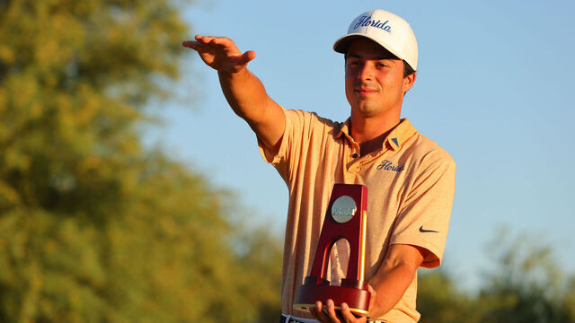 SCOTTSDALE, AZ - MAY 29: Fred Biondi of the Florida Gators celebrates with the stroke national champion trophy during the Division I Men's Golf Championship held at Grayhawk Golf Club on May 29, 2023 in Scottsdale, Arizona.