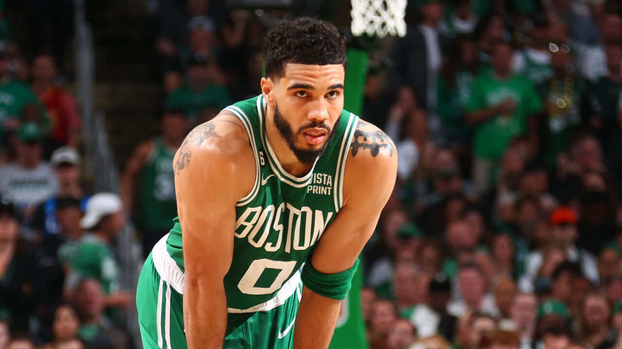 BOSTON, MA - MAY 29: Jayson Tatum #0 of the Boston Celtics looks on during Game Seven of the Eastern Conference Finals against the Miami Heat on May 29, 2023 at the TD Garden in Boston, Massachusetts. Mandatory Copyright Notice: Copyright 2023 NBAE