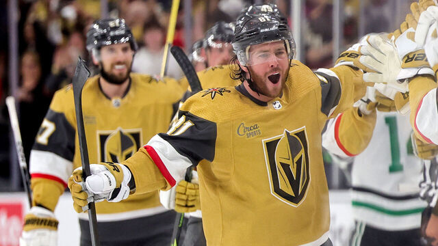 LAS VEGAS, NEVADA - MAY 21: Jonathan Marchessault #81 of the Vegas Golden Knights celebrates with teammates on the bench after scoring a third-period goal against the Dallas Stars during Game Two of the Western Conference Final of the 2023 Stanley Cup Playoffs at T-Mobile Arena on May 21, 2023 in Las Vegas, Nevada. The Golden Knights defeated the Stars 3-2 in overtime.