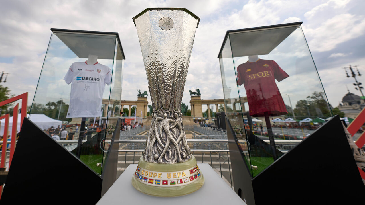 BUDAPEST, HUNGARY - MAY 30: A view of the UEFA Europa League trophy at the Fan Festival ahead of the UEFA Europa League 2022/23 final match between Sevilla FC and AS Roma at Heroes' Square on May 30, 2023 in Budapest, Hungary.