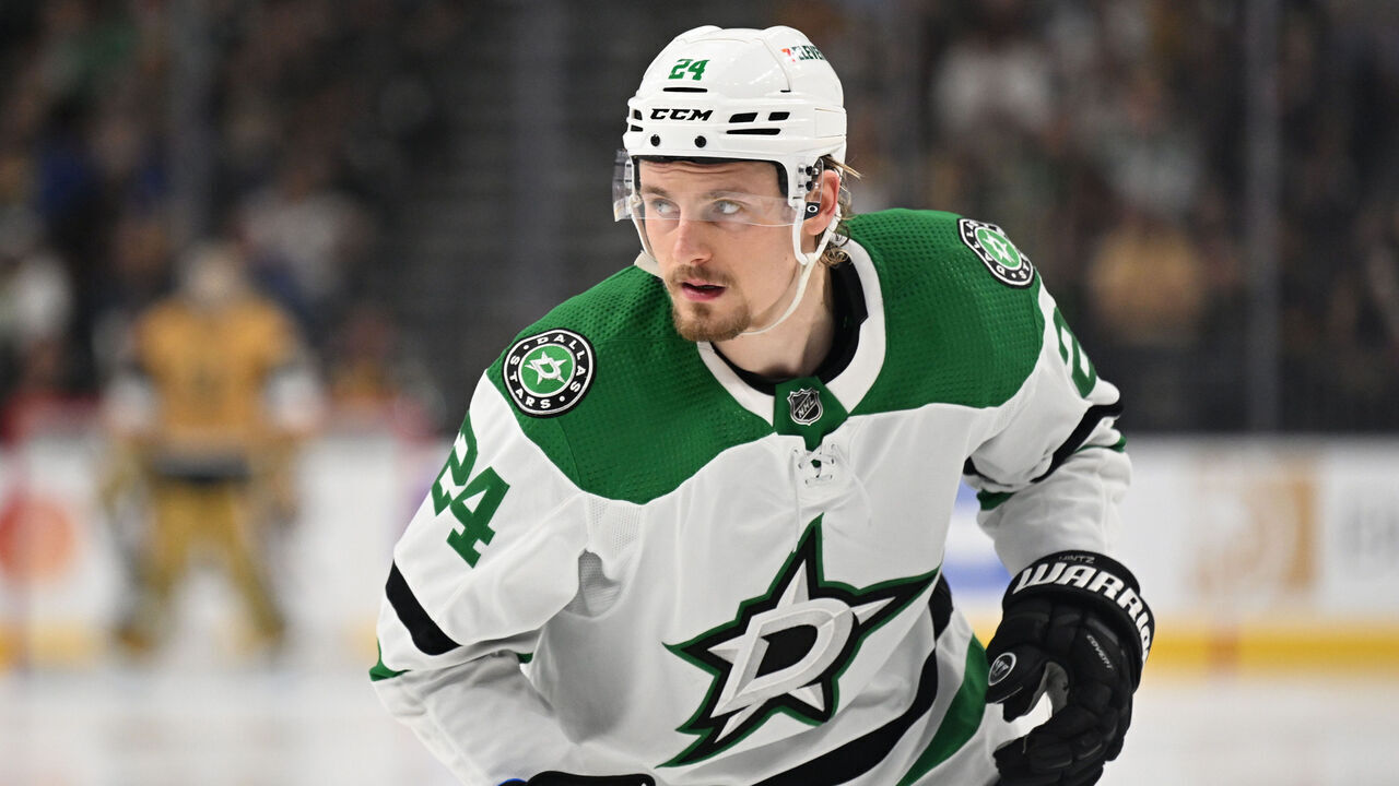 LAS VEGAS, NEVADA - MAY 21: Roope Hintz #24 of the Dallas Stars skates during the third period against the Vegas Golden Knights in Game Two of the Western Conference Final of the 2023 Stanley Cup Playoffs at T-Mobile Arena on May 21, 2023 in Las Vegas, Nevada.