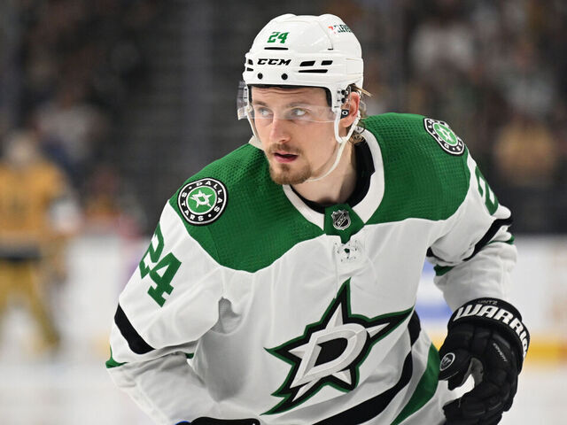 LAS VEGAS, NEVADA - MAY 21: Roope Hintz #24 of the Dallas Stars skates during the third period against the Vegas Golden Knights in Game Two of the Western Conference Final of the 2023 Stanley Cup Playoffs at T-Mobile Arena on May 21, 2023 in Las Vegas, Nevada.