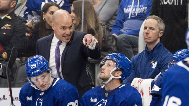 TORONTO, ON - FEBRUARY 11: Toronto Maple Leafs assistant coach Spencer Carbery looks on from the bench against the Columbus Blue Jackets during the second period at the Scotiabank Arena on February 11, 2023 in Toronto, Ontario, Canada.